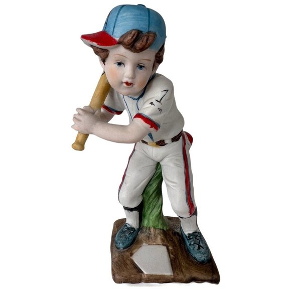 Vintage Ceramic Boy Baseball Player Figurine Batter Brown Hair Uniform 6.25” - Picture 1 of 8
